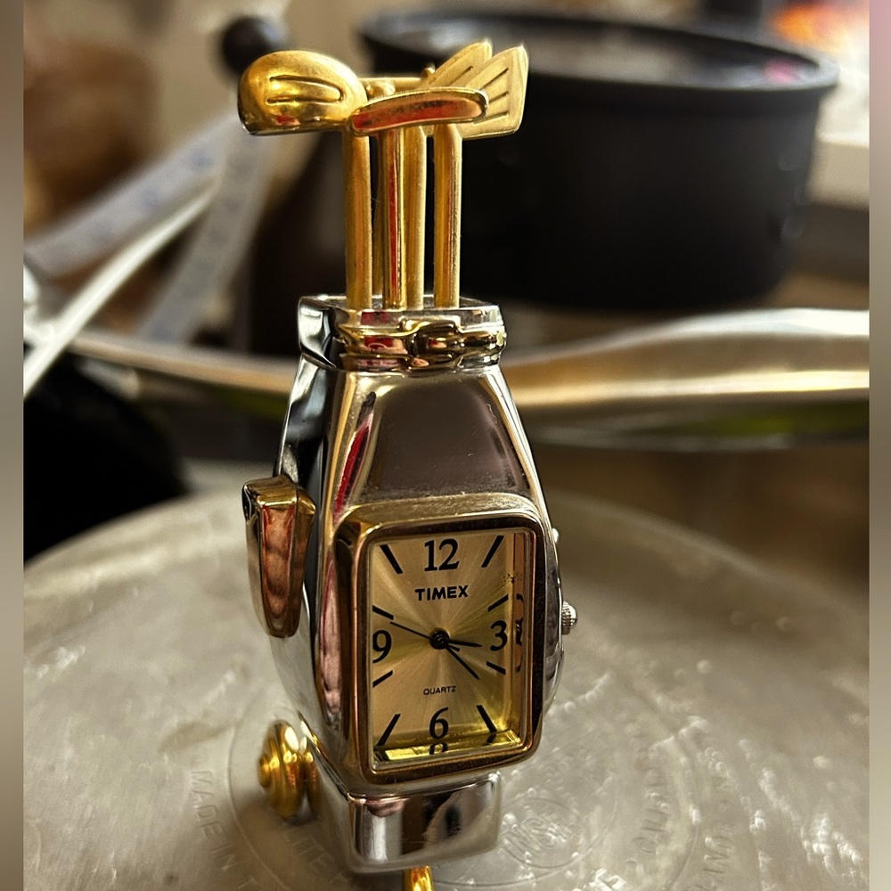 Timex Vintage Golf Clubs Miniature Desk Clock, Gold And Silver Tone